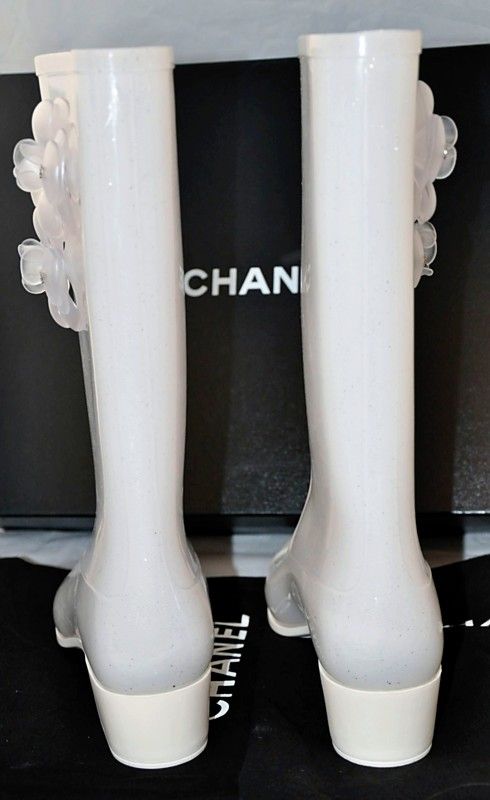 Chanel Sparkling White Camellia Flower Chanel Rainboots Boots CC Logo 