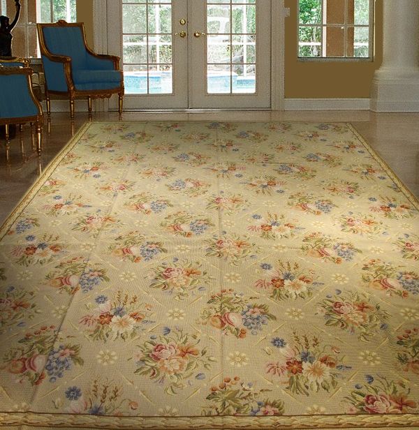 FLORAL DESIGN BLUE/PEACH/PINK 9X12 NEEDLEPOINT RUG  