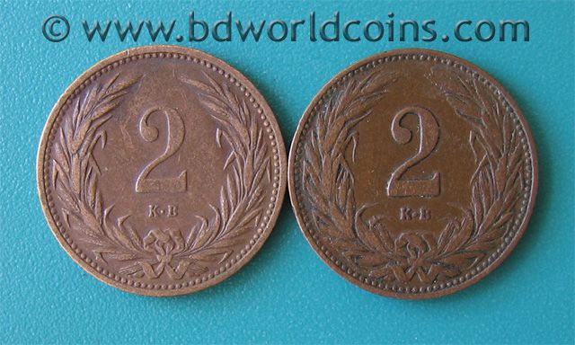 LOT OF (2) HUNGARY TWO 2 FILLER 1905 KB + 1909 KB 19mm BRONZE 