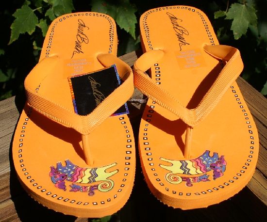 Laurel Burch Flip Flops Orange Doggies Dog Puppy NWT  