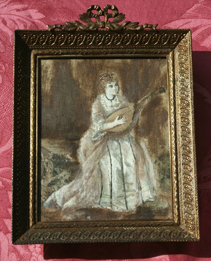 ANTIQUE MINIATURE PORTRAIT ON SILK & LADY PLAYING LUTE  