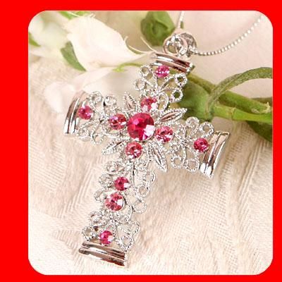 Cross pendant necklace Swarovski Pink Crystal G28  