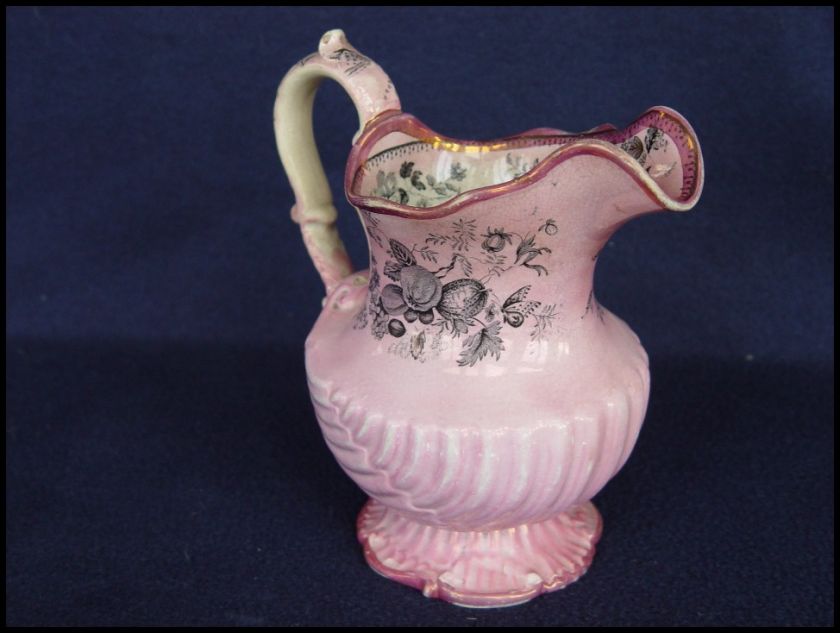 19th C Pink luster Transferware Pitcher Nautilus Jug **  