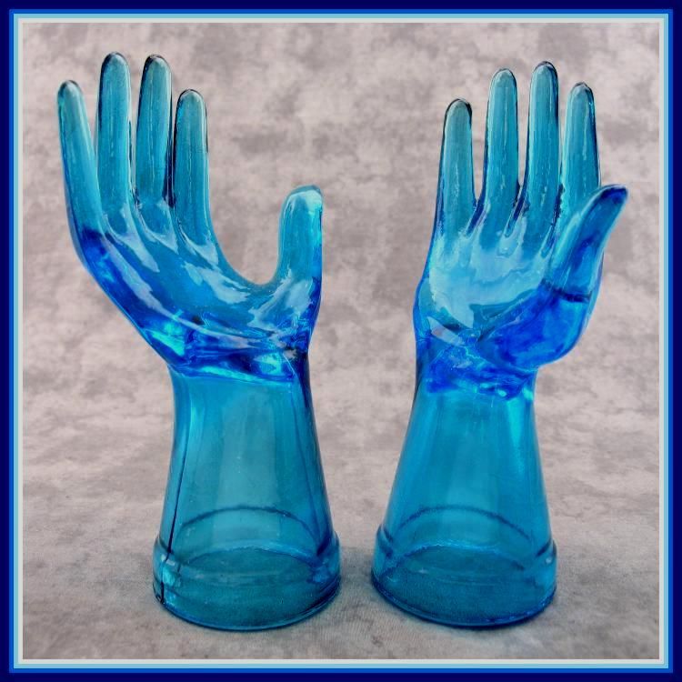 ICE BLUE GLASS MANNEQUIN JEWELRY RING HOLDER DISPLAY HANDS  