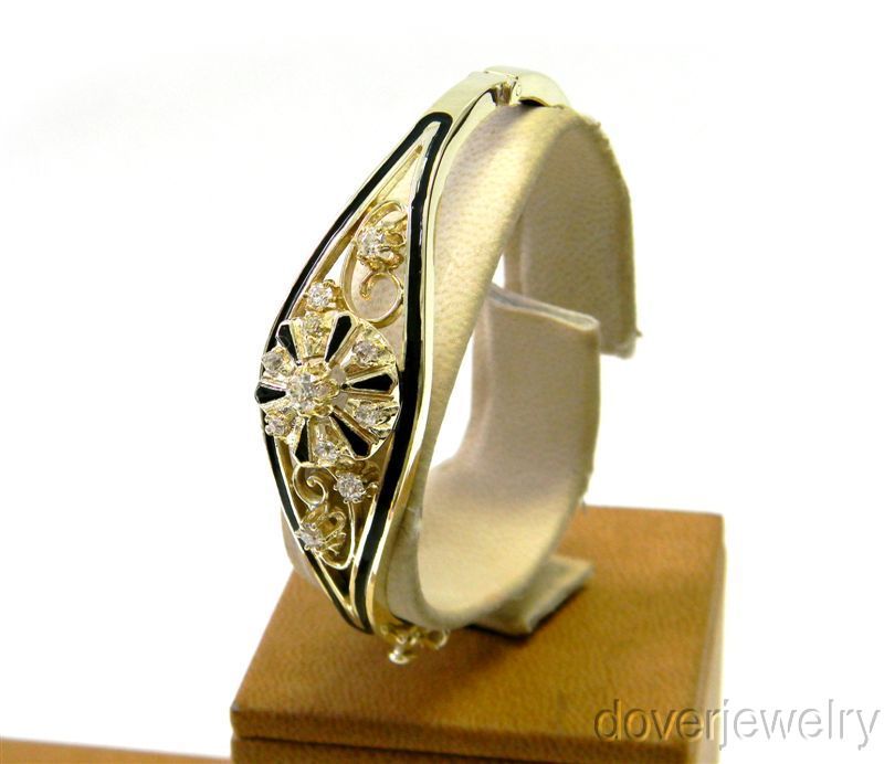 Antique Diamond Gold Black Enamel Bangle Large Bracelet NR  