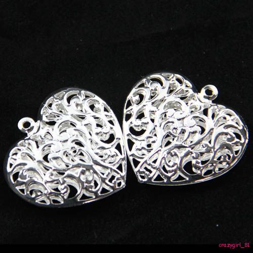 15Pcs Silver Plated Big Hollow Heart Charms Pendants Findings 38x40mm 