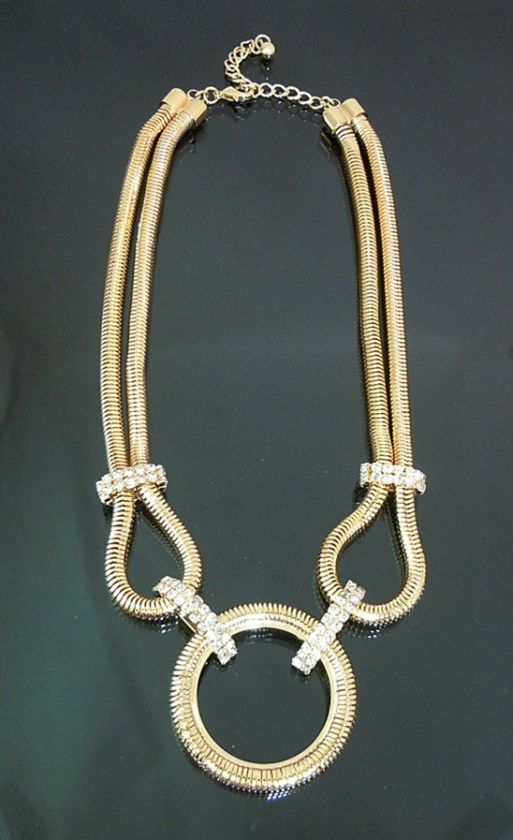 Glam Chunky double Chain Gold Plated Necklace Rhinestone Embellishment 