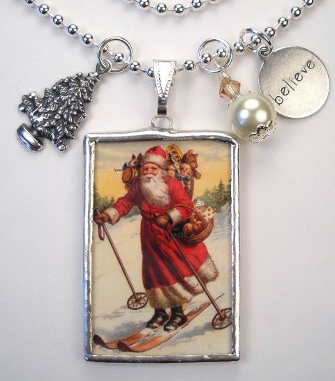 CHRISTMAS SKIING SANTA REVERSIBLE VINTAGE POSTCARD SOLDERED ART CHARM 