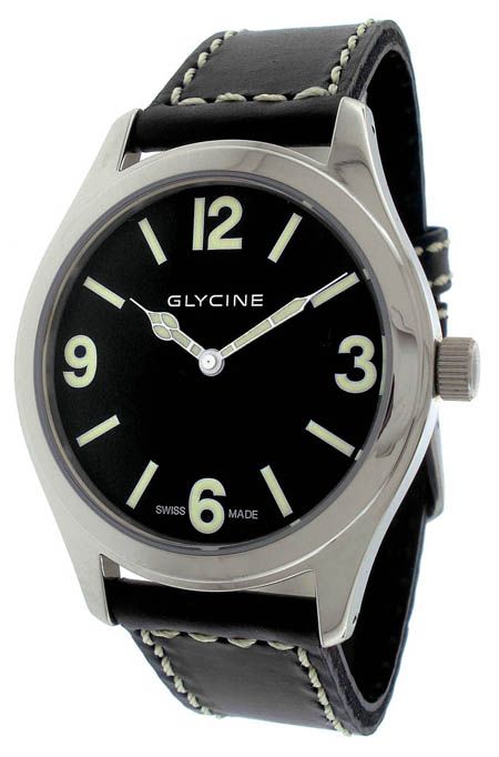 Glycine Stainless Steel Incursore 44mm Black Dial Leather Mens Watch 