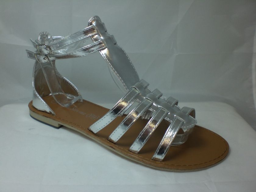 LADIES SILVER FLAT GLADIATOR SANDAL,ROMAN LEATHER SOCK  