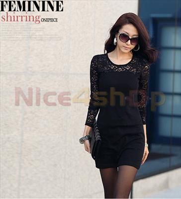 Fashion Womens Long Sleeve Crew Neck Cotton Lace Clubwear Short Mini 