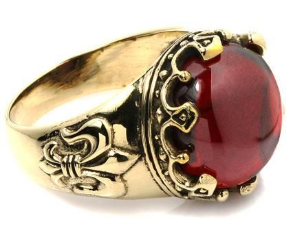 BIG RED RUBY CROWN FLEUR DE LIS GOLD BRASS RING Sz 10.5  