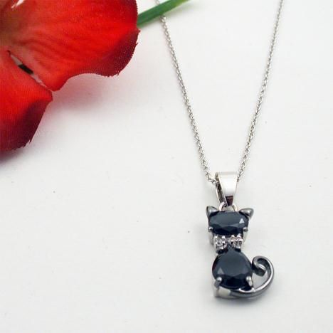   CARAT BLACK CUBIC ZIRCONIA PEAR OVAL KITTY CAT PENDANT NECKLACE  