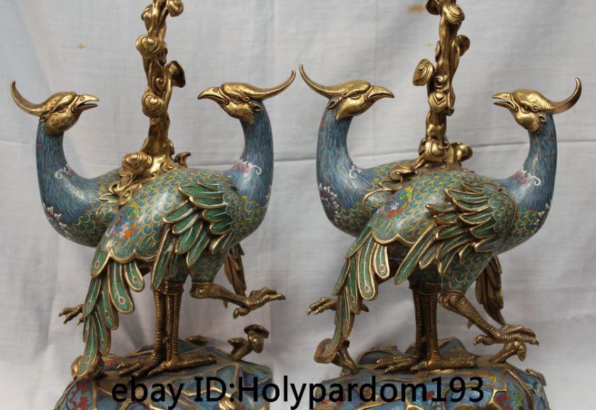   100% Bronze Cloisonne 24K Gilt Phoenix Statue Candlestick Pair  