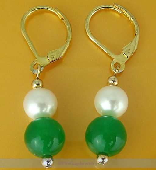 14K Gold GP Freshwater Pearl & Jade Drop Earrings  