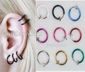 New clip on fake piercings stud hoop nose lip ear rings punk goth 