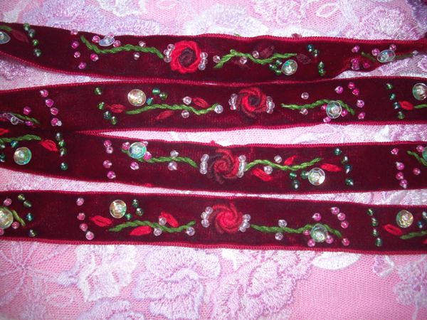 EMBROIDERED VELVET RIBBON / Sequin bead* RED WINE  