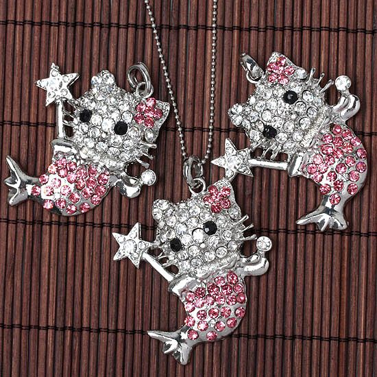 Silver Plated Crystal HelloKitty Mermaid Bead* Pendant  