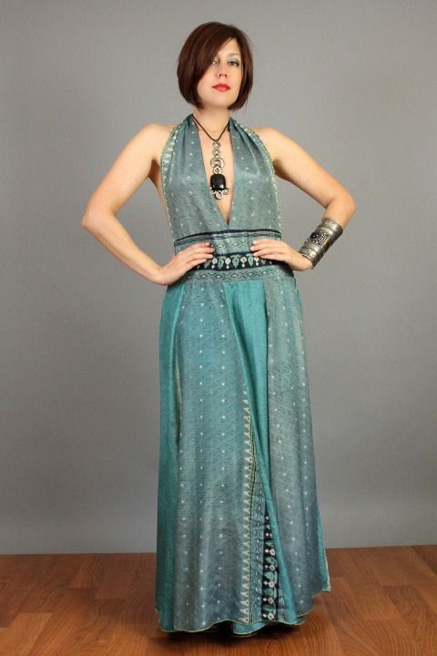 BOHO Navajo Tribal DRAPED Paisleys PLUNGING HALTER Goddess Maxi SILK 