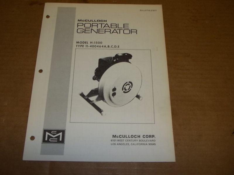 1191) McCulloch Parts List Manual H 1500 Generator  