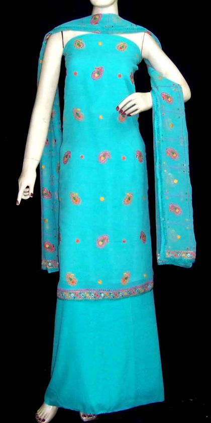 TURQUOISE INDIAN SALWAR KAMEEZ SUIT MATERIAL with RESHAM & MIRROR EMB 