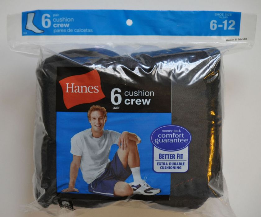 Pairs New Hanes Mens Black Cushion Crew Socks (02)  