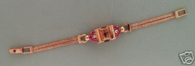   1940s 14K PINK GOLD RUBY WATCH DOUBLE FOX TAIL BRACELET PINK DIAL