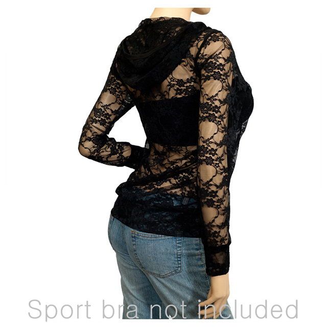 Plus Size Lace Zipper Front Hoodie Top Black  