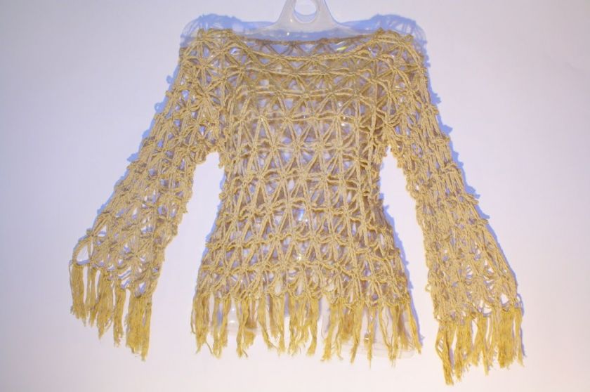 New ~ Hippie Chic ~ Trendy Beige Fringe HANDMADE Sweater Tunic Top 