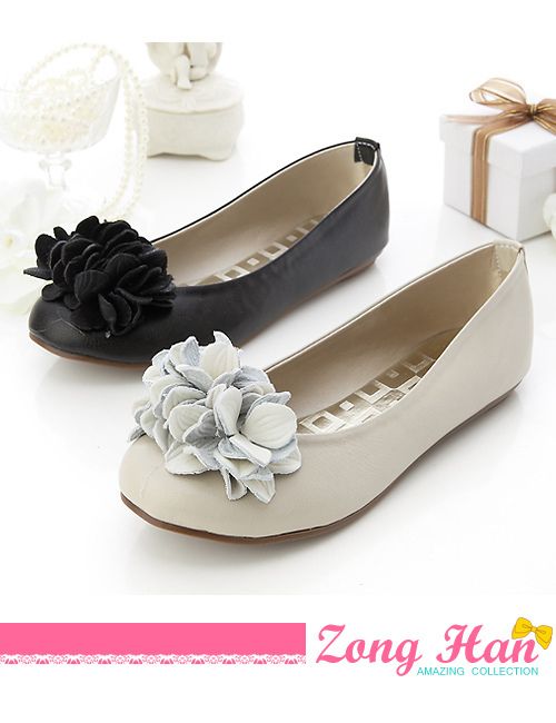 Womens Flowers Cinderella Ballet Flats Beige Black  