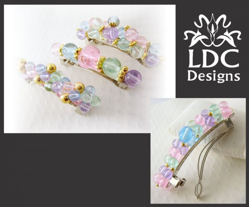 Pretty Pastel Beaded French Clip Barrette Gold Accents  