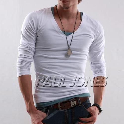 PJ Men’s Stylish Causal Long Sleeve T Shirt low cut V neck Size S M 