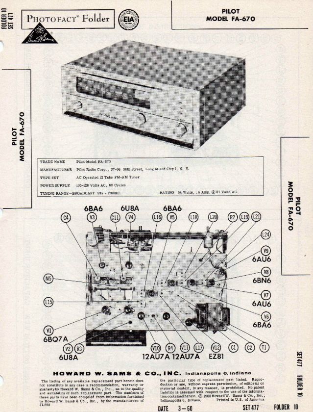 Pilot FA 670 Tuner Sams Photofact Tech Docs  