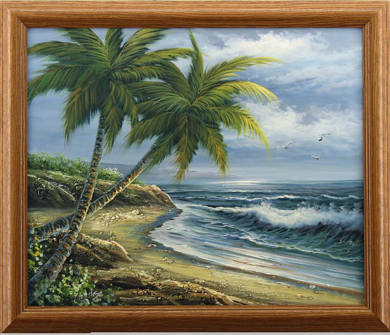 Beach Scene Ocean Waves Palm Trees FRAMED OIL PAINTING  