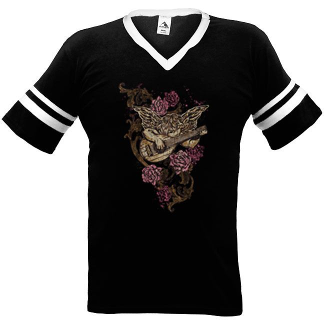 Angel Playing Guitar Wings Flower Tattoo Ringer T shirt  