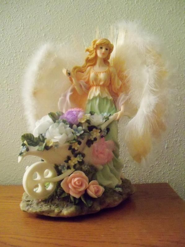 De Capoli Winged Angel in Rose Flower Garden Wheelbarrow Figurine 