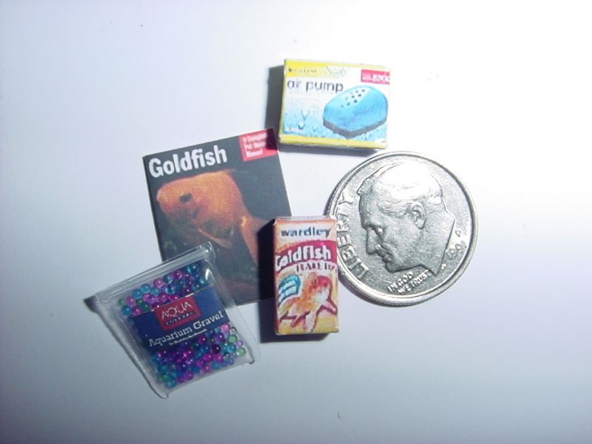   Miniature 4pc Goldfish Aquarium Supplies Food Gravel Book Lot  