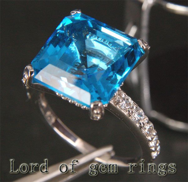 Asscher Cut BLUE TOPAZ & DIAMOND 8.03ct  14K WHITE GOLD PAVE 