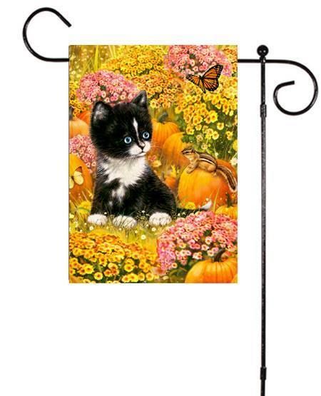 Fall Autumn Black Kitten & Pumpkins Mums Chipmunk Sm Flag  