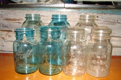 VTG LOT OF 17 ~CANNING JARS BALL/ATLAS/ SOME BLUE/CLEAR  