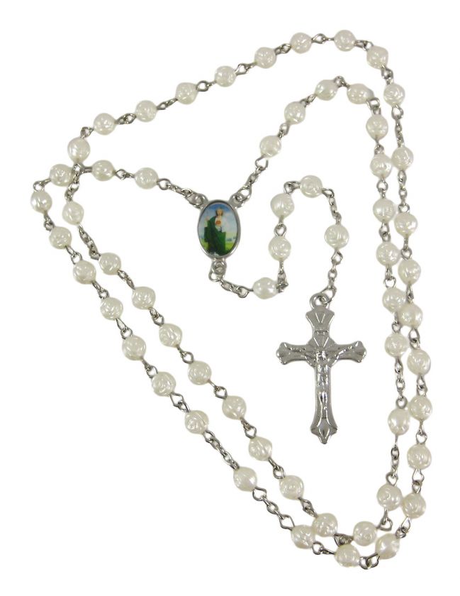 Pearl White Rose Bead Rosary Necklace Crucifix Catholic  