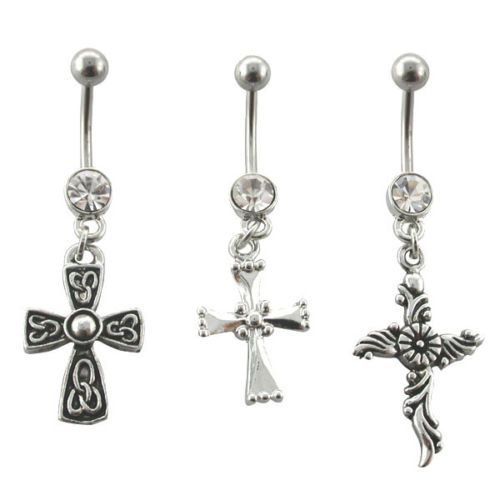 Navel Belly Button Rings   set of 3 Cross Dangle  