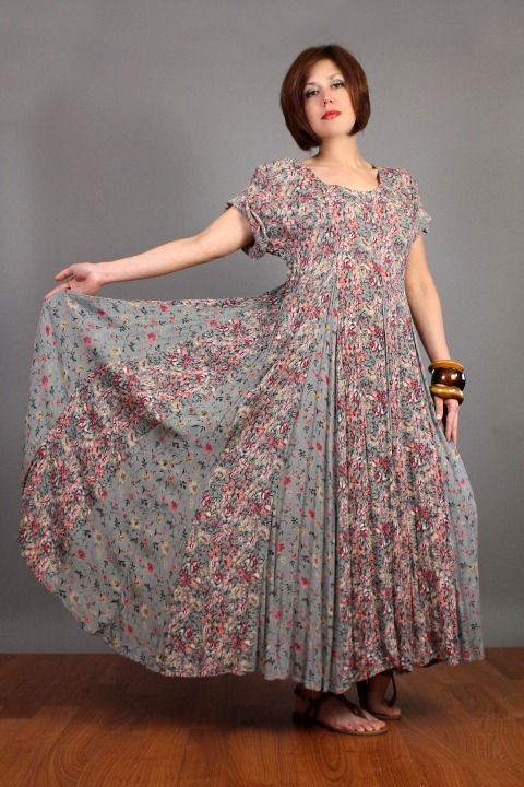 vtg 80 ENGLISH ROSE Floral SHEER Panel Draped Sweep Gypsy Grunge Maxi 