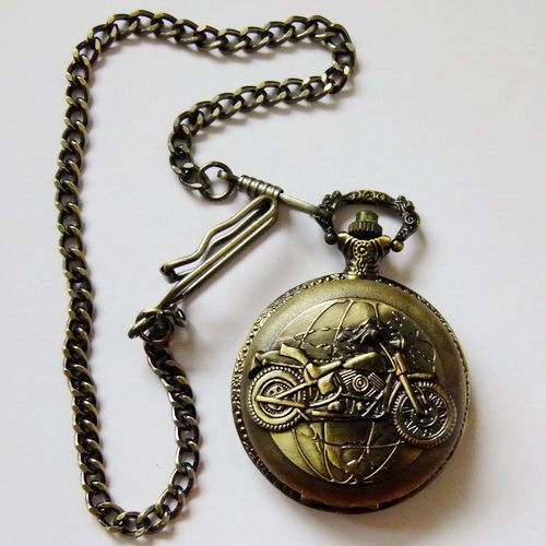 Bronze Motorcycle Case Mens Pocket Watch Clip Chain New  