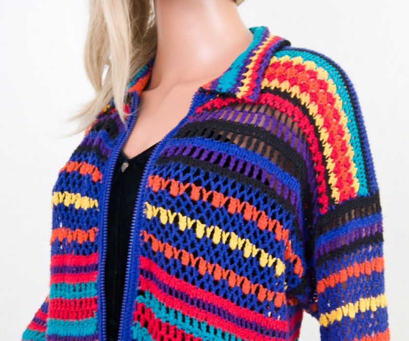 Vtg 80s Rainbow Stripe Cut Out CROCHET Sweater Jacket Zipper Front 