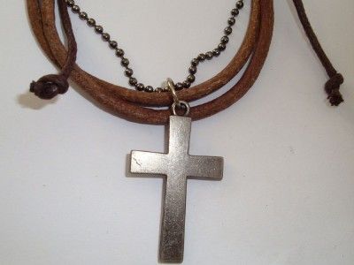 Leather Bracelet with Ball Chain and Cross   Hand Made  