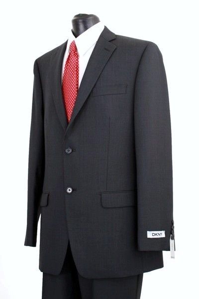   SUIT DARK CHARCOAL BLACK 100% WOOL 2 BUTTON JACKET FLAT FRONT PANTS D6