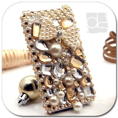 3D Bling Gold Crystal Gems Hard Skin Back Case Cover For AT&T HTC 