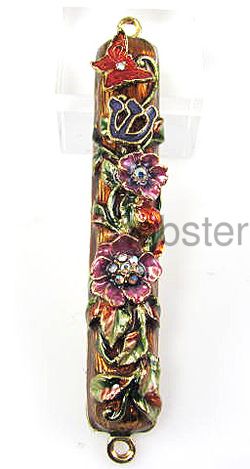 COLORED ENAMEL FLORAL MEZUZAH with SWAROVSKI CRYSTALS JUDAICA NEW IN 