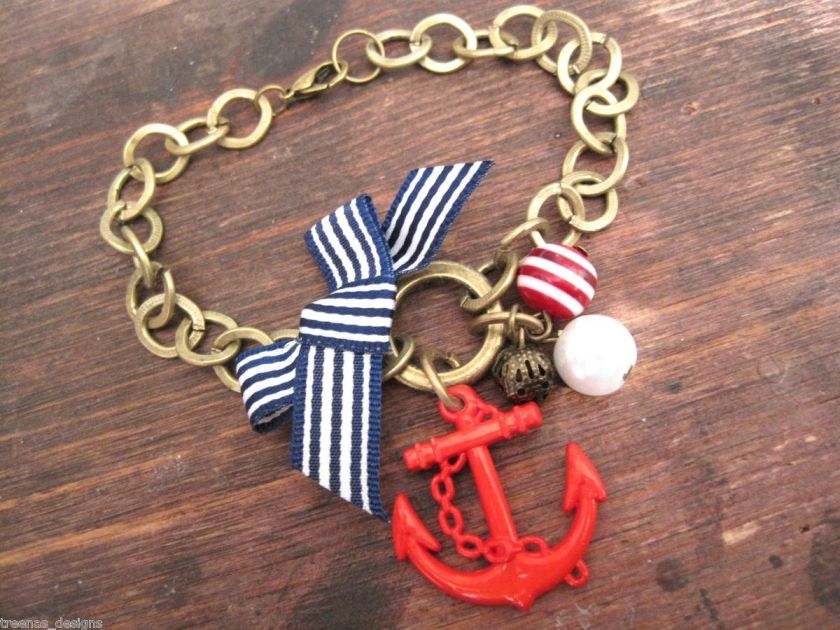 RED ANCHOR NAUTICAL Antique Gold Charm Bracelet Sailor  